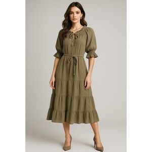 Mable Dress Womens‎ S Green Boho Lagom Peasant Cottagecore Gauzy Tiered Ruffle